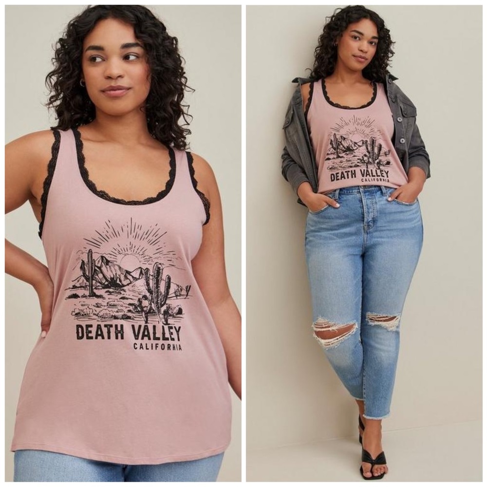 Torrid Classic Fit Lace Trim Crew Tank Death Valley Western Graphic Blush Sz 00